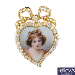 An Edwardian 18ct gold diamond portrait miniature brooch.