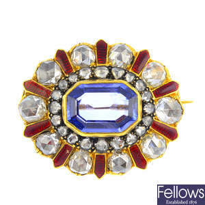 A late Victorian gold and silver Sri Lankan sapphire, diamond and enamel brooch.