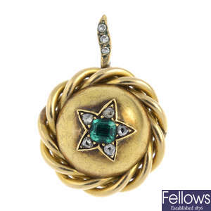 A mid Victorian gold, emerald and diamond pendant.
