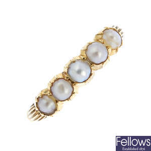 A late Victorian gold split pearl ring.