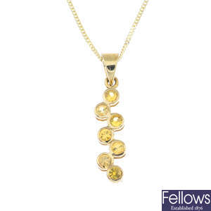 A 9ct gold sapphire pendant, with a 9ct gold chain.