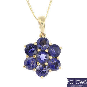 A 9ct gold sapphire cluster pendant, with a 9ct gold chain.