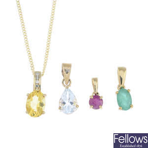 Four gem-set pendants, with a 9ct gold chain.