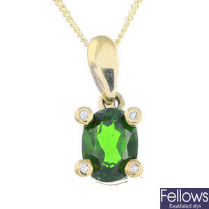 A 9ct gold tourmaline and gem-set pendant, with a 9ct gold chain.