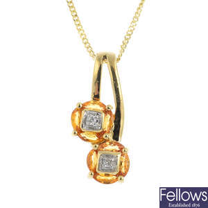 A 9ct gold diamond and citrine pendant, with 9ct gold chain.