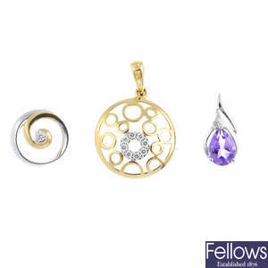 Three diamond and gem-set pendants.