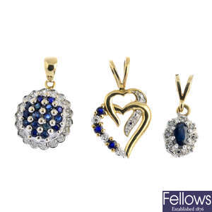 Three 9ct gold diamond and sapphire pendants.