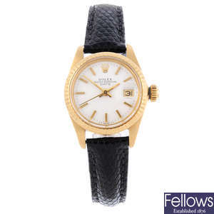 ROLEX - a lady's 18ct yellow gold Oyster Perpetual Date wrist watch.