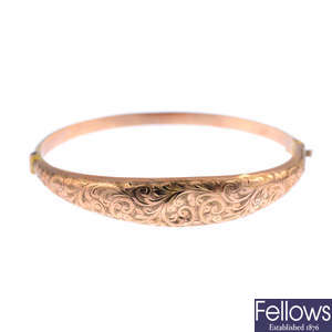 A late Victorian 9ct gold bangle and an early 20th century bracelet.