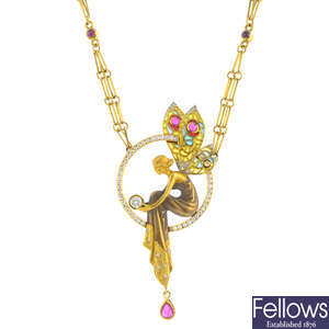 A diamond, ruby and enamel winged figural pendant.