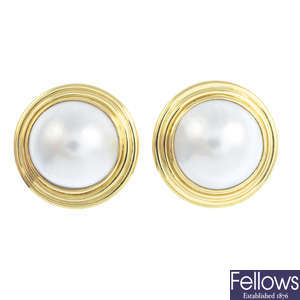 BOODLE & DUNTHORNE - a pair of 18ct gold mabe pearl earrings.