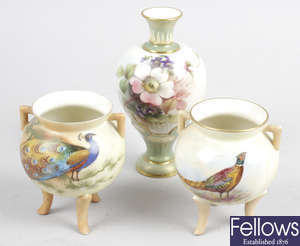 Two Locke & Co Worcester bone china twin handled vases, together with a Royal Worcester bone china vase.