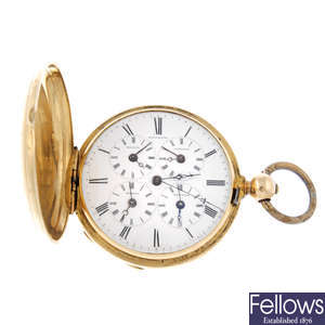 A yellow metal full hunter five time-zone pocket watch by Neuchatel.