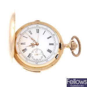 A yellow metal full hunter repeater chronograph pocket watch.
