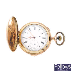 A yellow metal full hunter quarter repeater chronograph pocket watch.