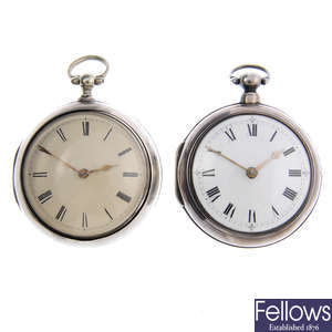 A silver pair case pocket watch by J Yates with a pair case pocket watch.
