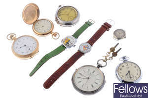 A group of five assorted pocket watches and two wrist watches.