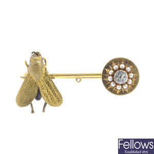 A mid Victorian gold paste and seed pearl fly brooch.