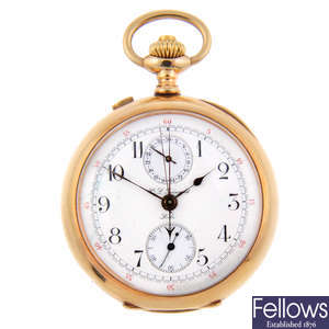 A yellow metal open face chronograph pocket watch by C.L. Guinand.