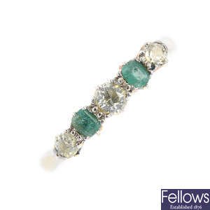 An emerald and diamond five-stone ring.
