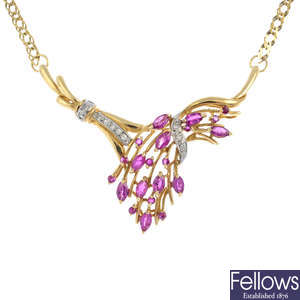 A 9ct gold ruby and diamond necklace.