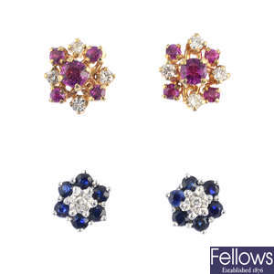 Two pairs of diamond and gem-set earrings.