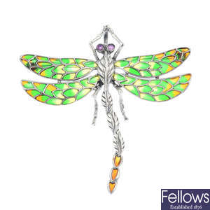 A ruby and plique-a-jour enamel dragonfly brooch.