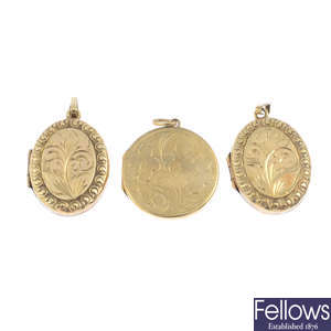 Three 9ct gold locket pendants.