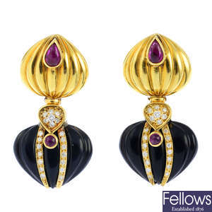 A pair of 1970s 18ct gold onyx, ruby and diamond earrings.