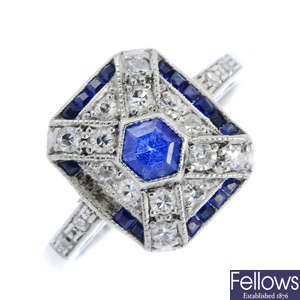 An Art Deco platinum and 18ct gold sapphire and diamond dress ring.