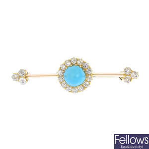 A late Victorian 15ct gold turquoise and diamond brooch.
