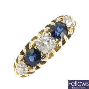 A mid 20th century gold sapphire and diamond five-stone ring.