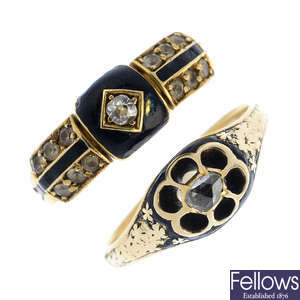 Two late Victorian gold diamond, enamel and paste mourning rings.