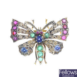 A ruby, sapphire, emerald and diamond butterfly brooch.