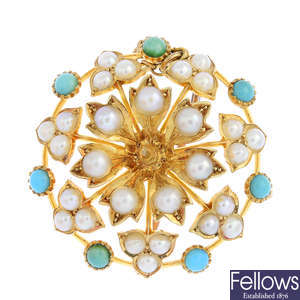 An early 20th century gold split pearl and turquoise brooch.
