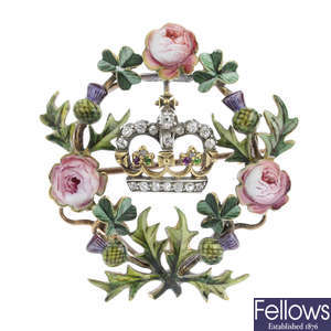 An early 20th century gold diamond, enamel and gem-set brooch, believed for the Coronation of Edward VII.