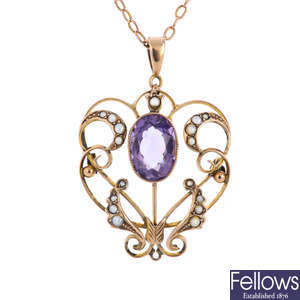 An early 20th century 9ct gold amethyst and split pearl pendant, with chain.