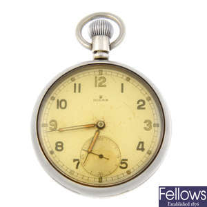 A nickel plated base metal military pocket watch by Rolex.