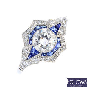 A diamond and sapphire dress ring.