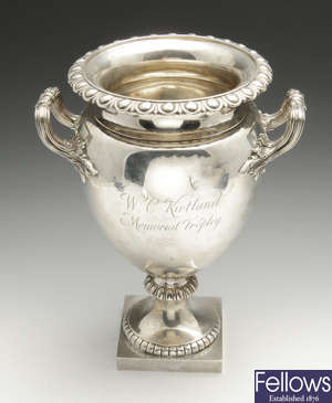 A large early twentieth century silver twin-handled urn.