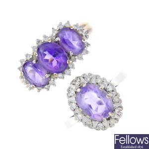 A 9ct gold amethyst and diamond dress ring and an amethyst and diamond cluster ring.