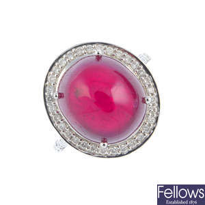 A glass-filled ruby and diamond ring.