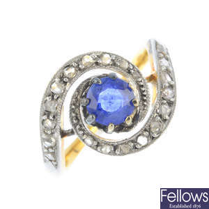 An early 20th century silver and gold, sapphire and diamond dress ring.