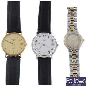 LONGINES - a gentleman's gold plated wrist watch with two Longines watches.