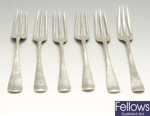 Six early Georgian silver three tine forks.