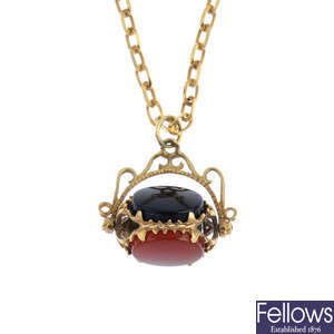 A 9ct gold gem-set swivel fob pendant, with chain.