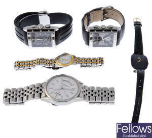 A group of five assorted Raymond Weil watches.