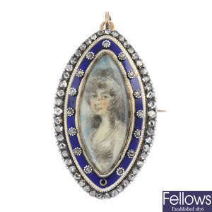 A late Georgian silver and gold portrait miniature diamond and enamel brooch, after Richard Cosway.