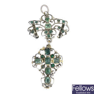 A late Georgian emerald and gem-set pendant.