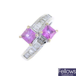 A pink sapphire and diamond crossover ring.